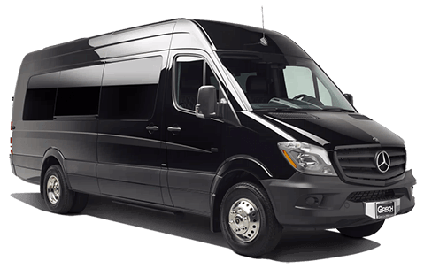 A black mercedes sprinter van is parked on a white background.