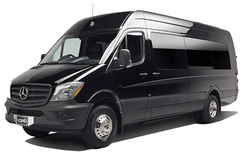 A black mercedes sprinter van is parked on a white background.