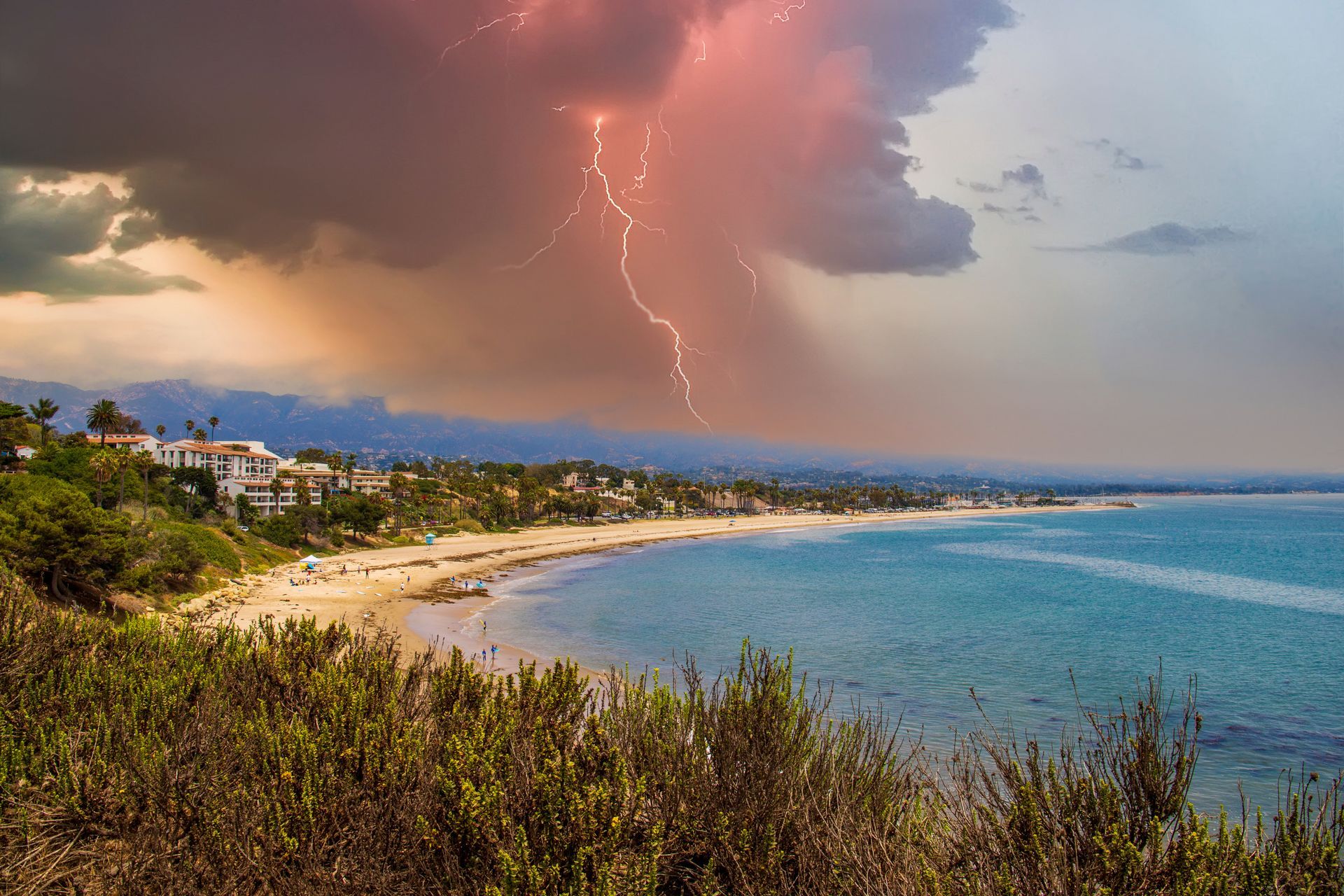 image of santa barbara with lightning in the sky