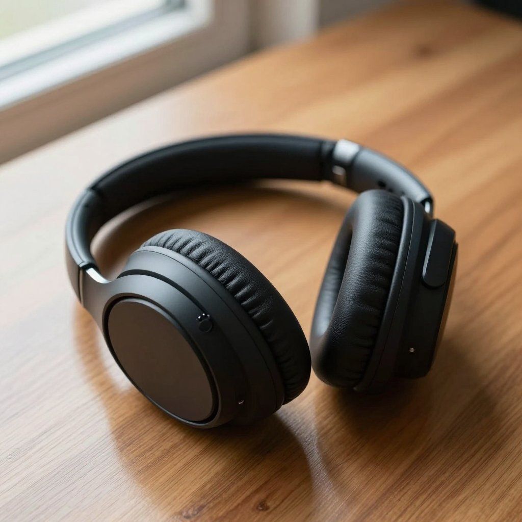 Auriculares negros supraaurales sobre una superficie de madera cerca de una ventana.