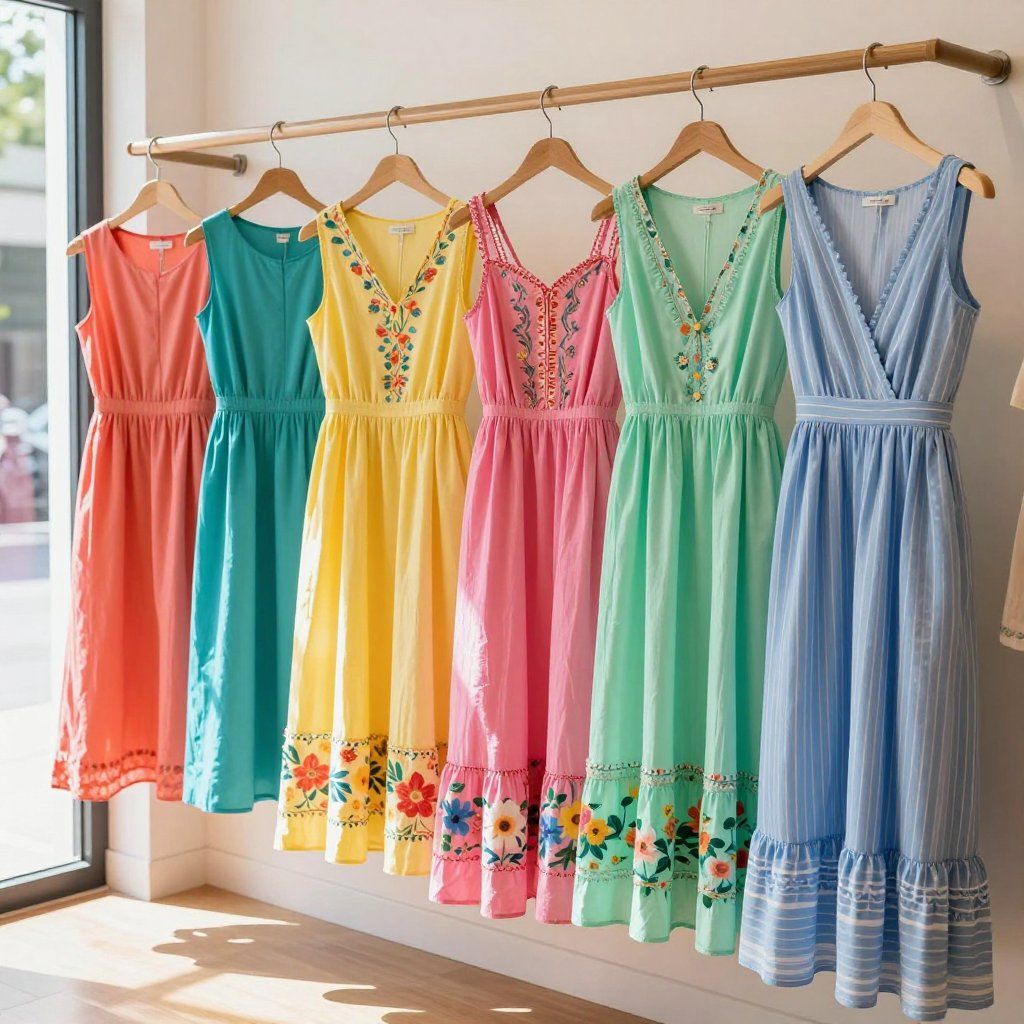 Vestidos de verano coloridos colgados en un perchero.