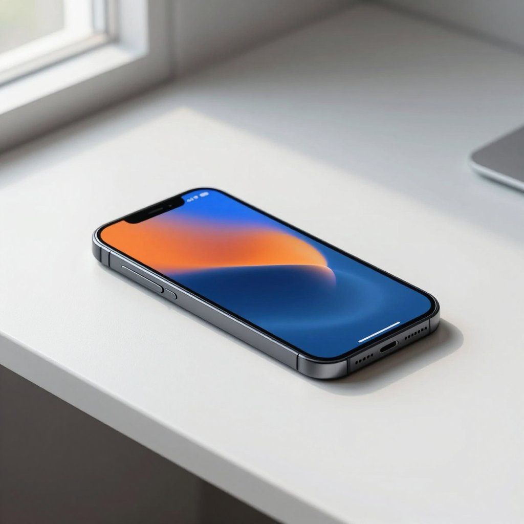 IPhone sobre una superficie blanca, cerca de una ventana. La pantalla muestra un degradado azul y naranja.