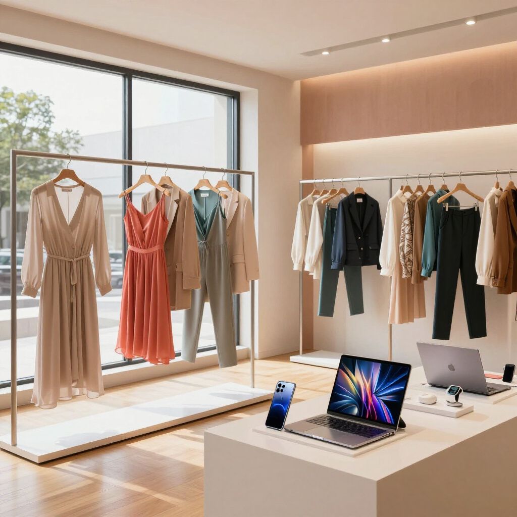 Interior de una tienda de ropa con percheros de ropa de mujer. Colores beige, melocotón y verde azulado. Portátiles y teléfono sobre una mesa de exposición.