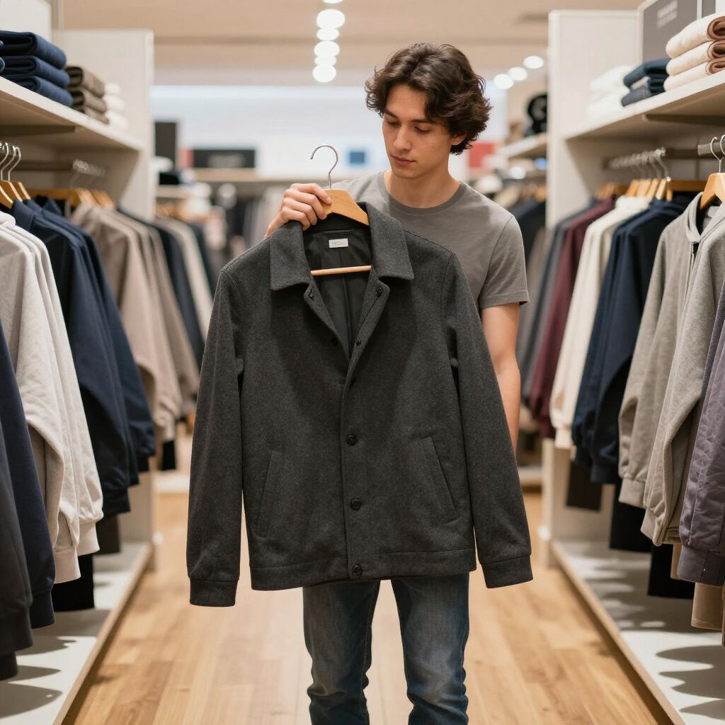 Hombre en una tienda de ropa sosteniendo una chaqueta gris oscuro, rodeado de percheros.
