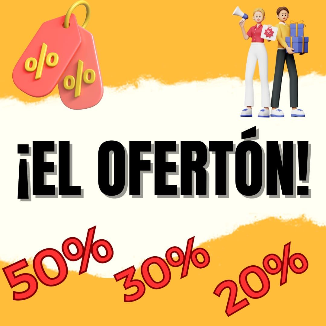 Anuncio de rebajas con 50%, 30% y 20% de descuento. Dos personas sostienen artículos, bocadillos y etiquetas de descuento sobre fondo amarillo.