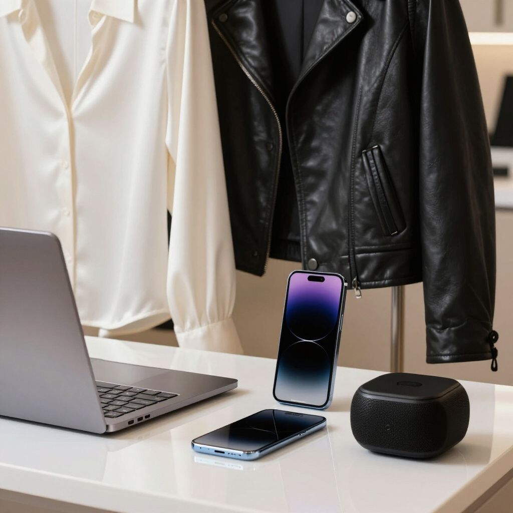 Una computadora portátil, dos teléfonos y un altavoz sobre un escritorio blanco con una chaqueta y una blusa de cuero al fondo.