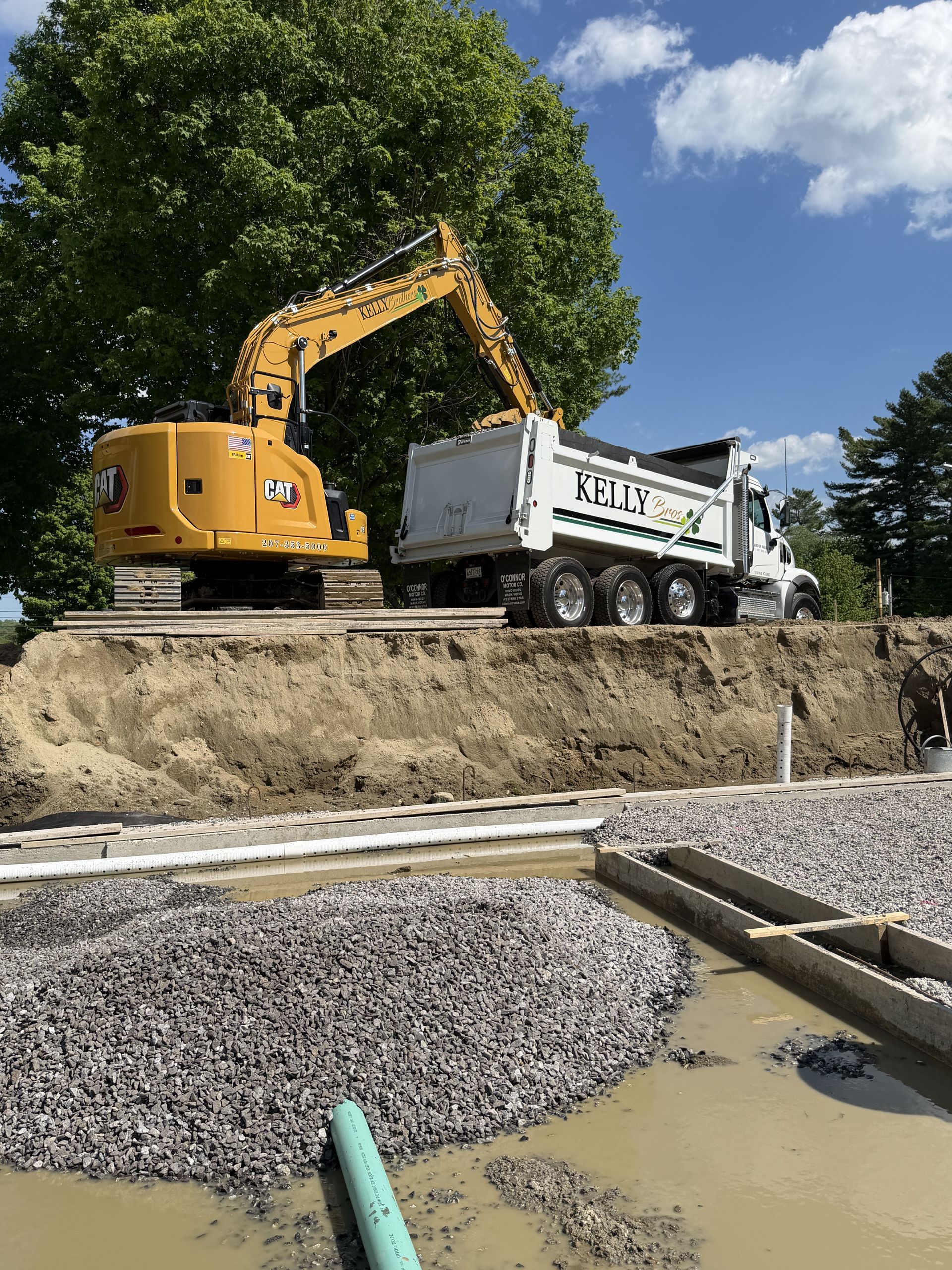 Excavator loading a dump truck at a muddy construction site under a clear blue sky