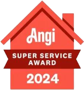 Angi Super Service Award 2024 badge in red and white with a house roof icon