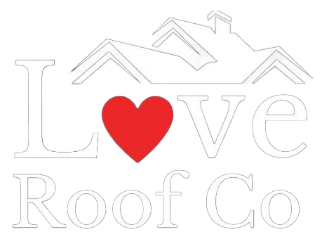 Love Roof Co logo with a red heart replacing the “o” in Love and roofline graphic above text