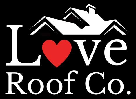 Love Roof Co. logo with a red heart and white roof silhouette on a black background