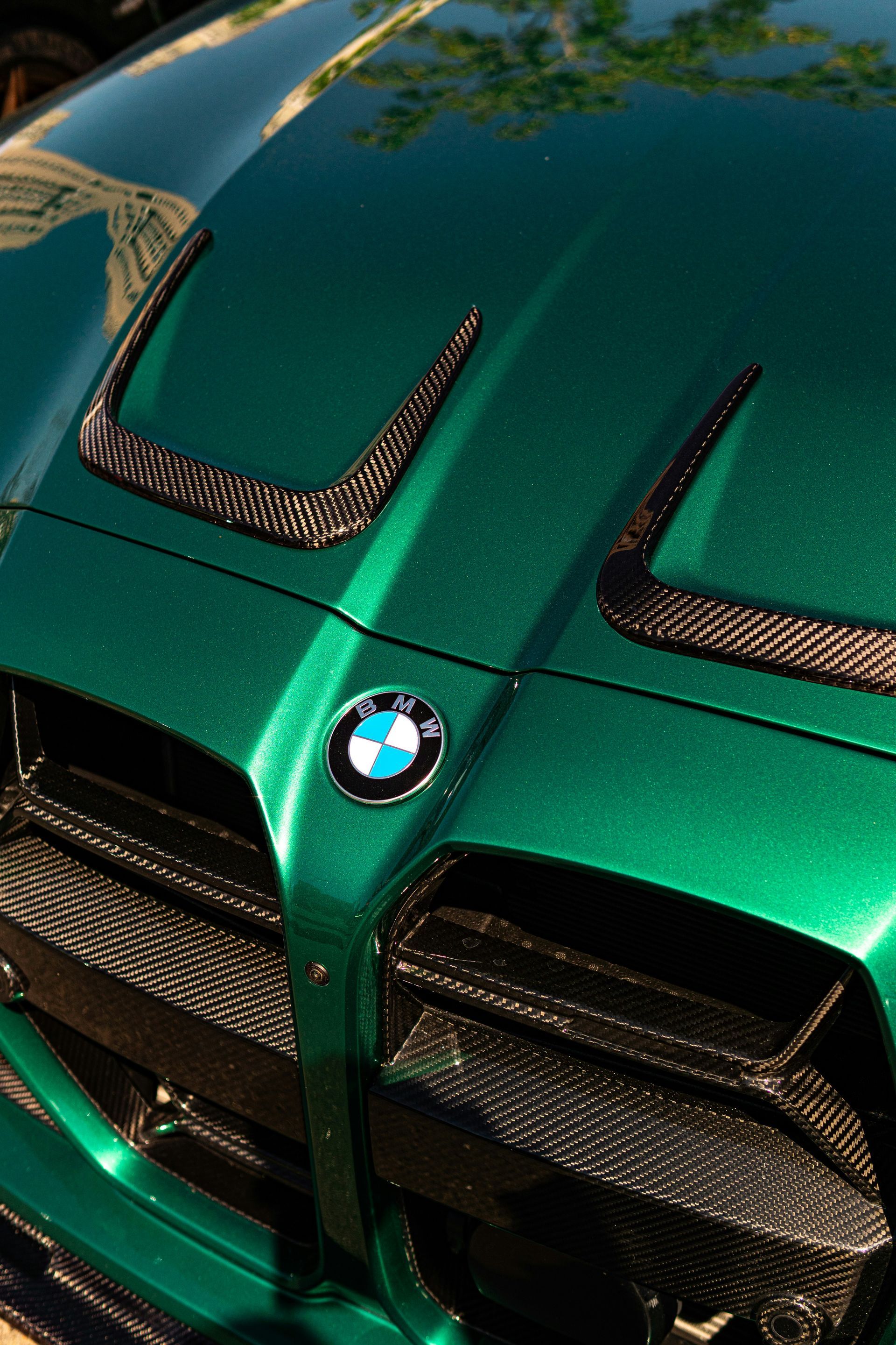 Close-up of a green BMW car hood with black vents and the BMW emblem