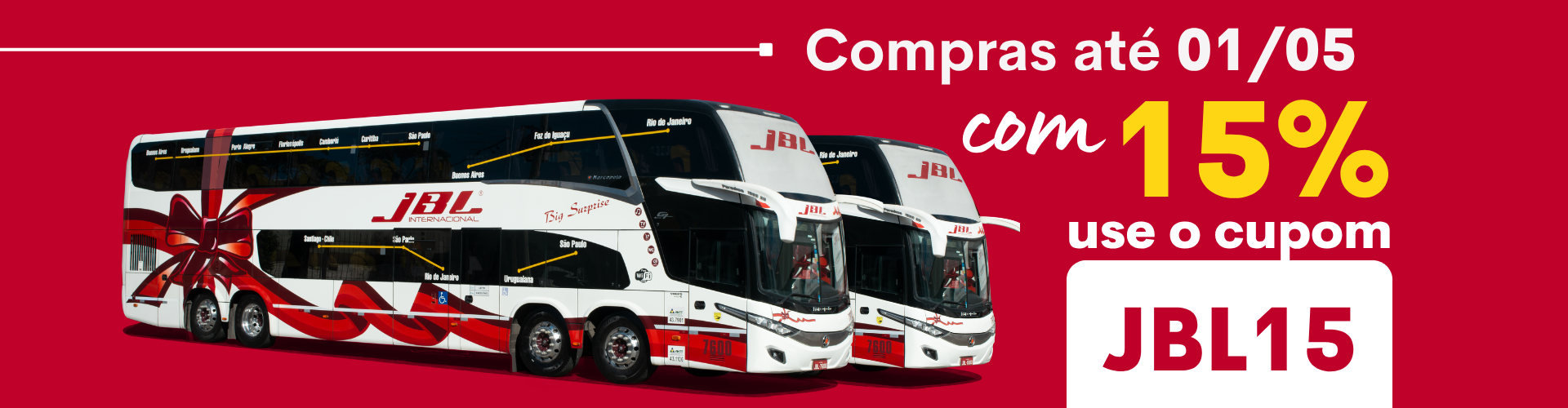 Uma faixa promocional vermelha para viagens de ônibus da JBL com um cupom de desconto de 15% usando o código "JBL15", válido até 1º de maio.