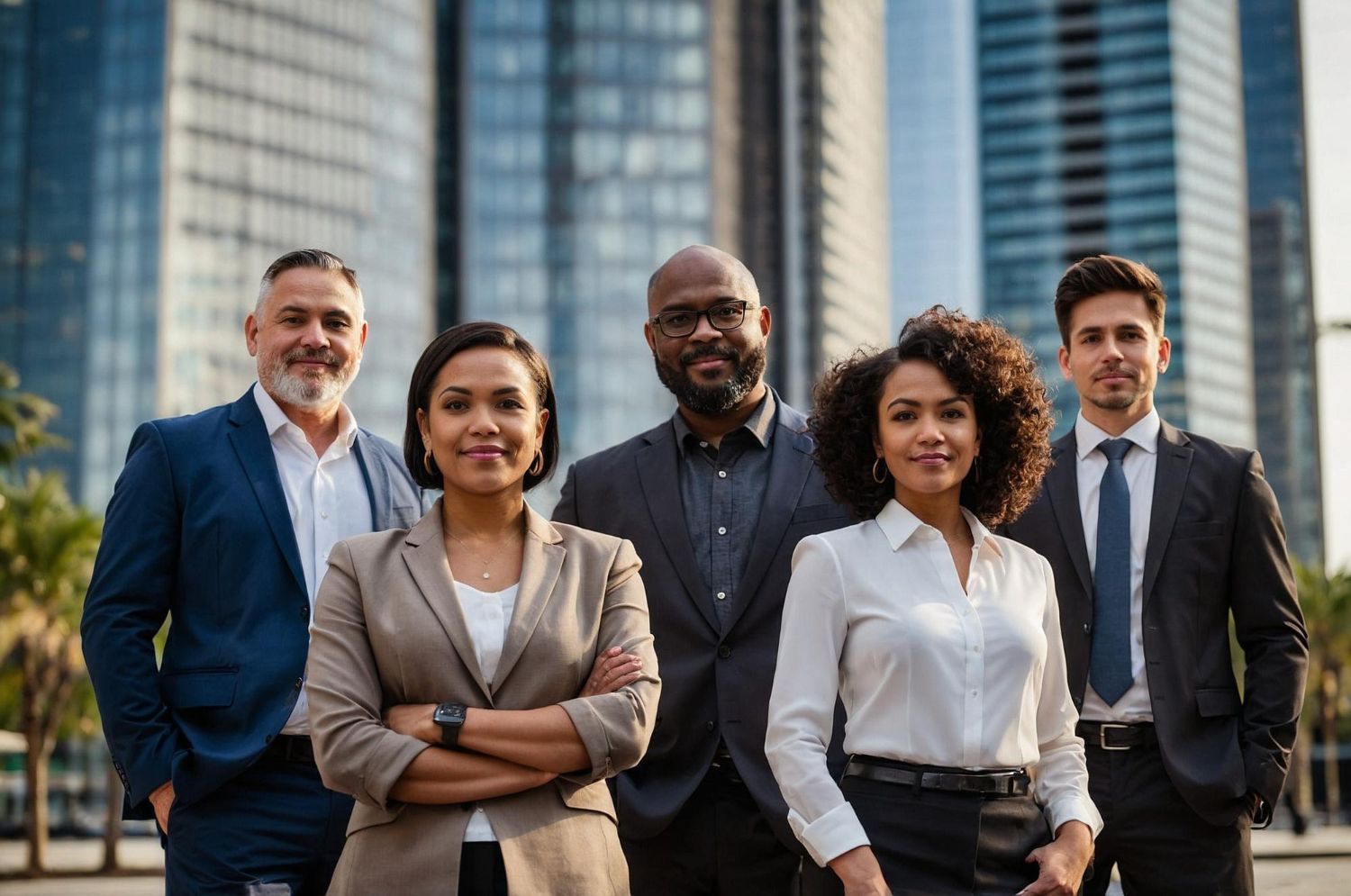 Equipe empresarial sorrindo em frente aos prédios da cidade.
