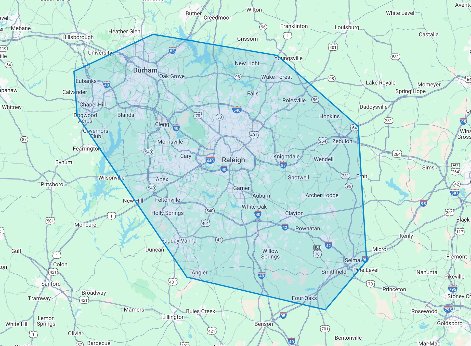 A map of a city with a blue circle around it