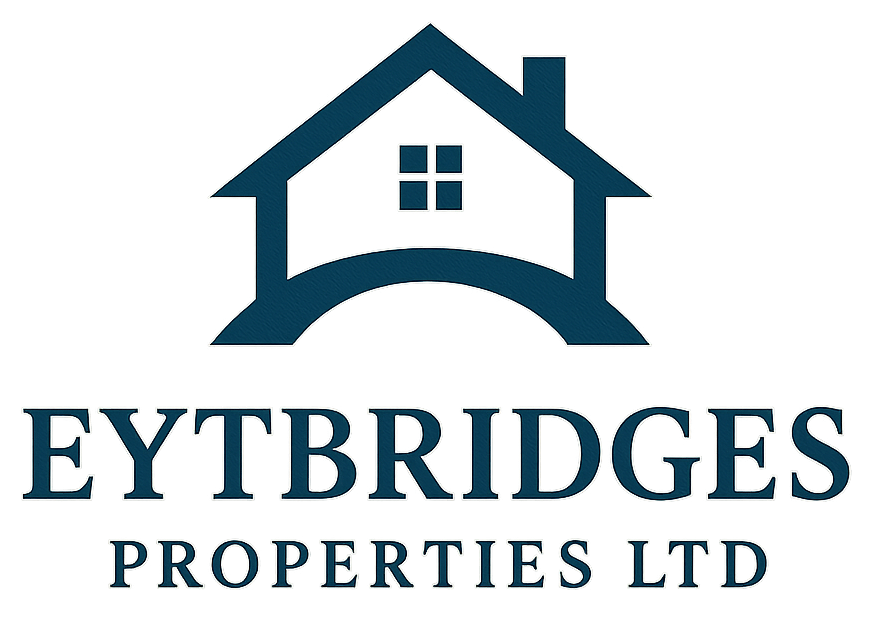 Logo for Eytbridges Properties Ltd: dark blue house silhouette with arch above text.
