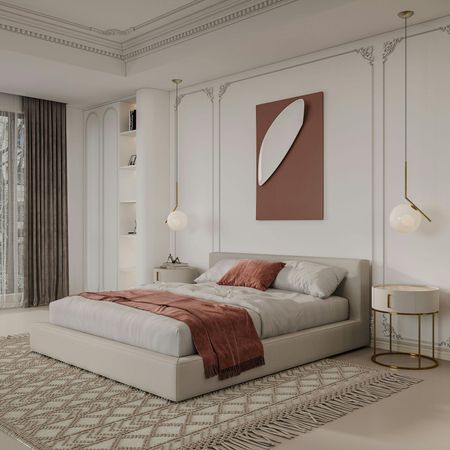 Bedroom with bed, throw, pendant lights, and abstract wall art; neutral colors.