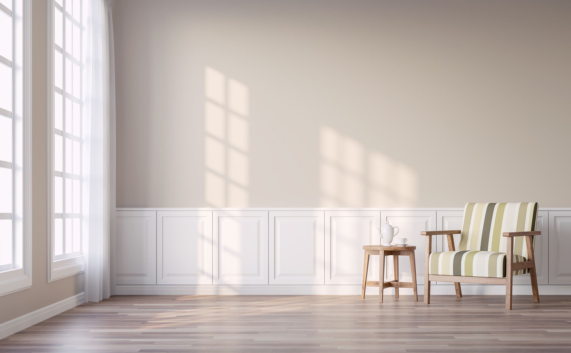 An empty living room with a chair , table and window.