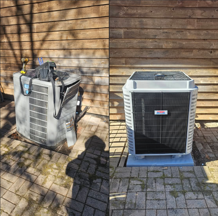 Comparison of an old, damaged air conditioning unit and a new one, both against a wooden fence and brick patio.