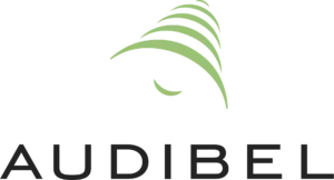 The audibel logo has a green swirl on it.