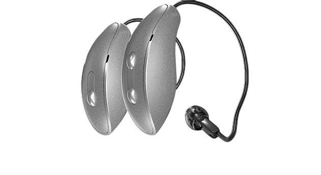 A close up of a hearing aid on a white background.