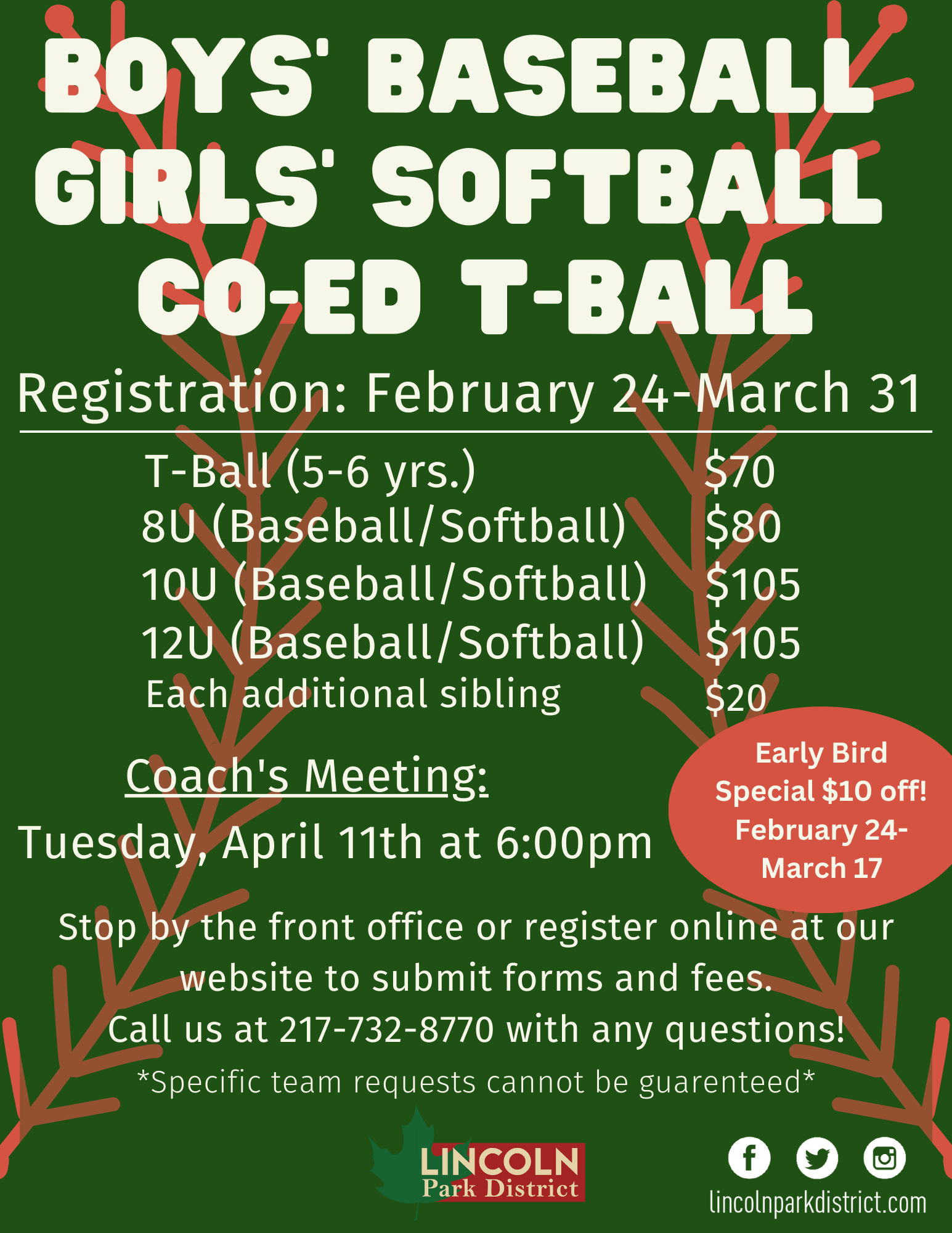 A poster for boys ' baseball girls ' softball co-ed t-ball