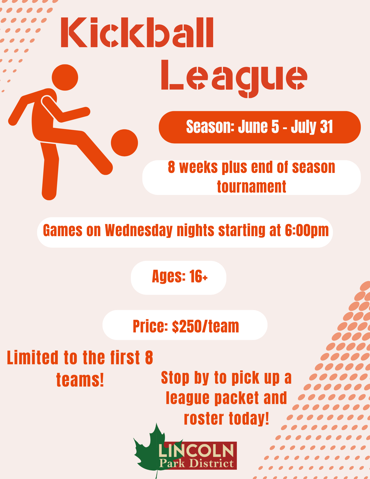 A poster for a kickball league with a man kicking a ball.