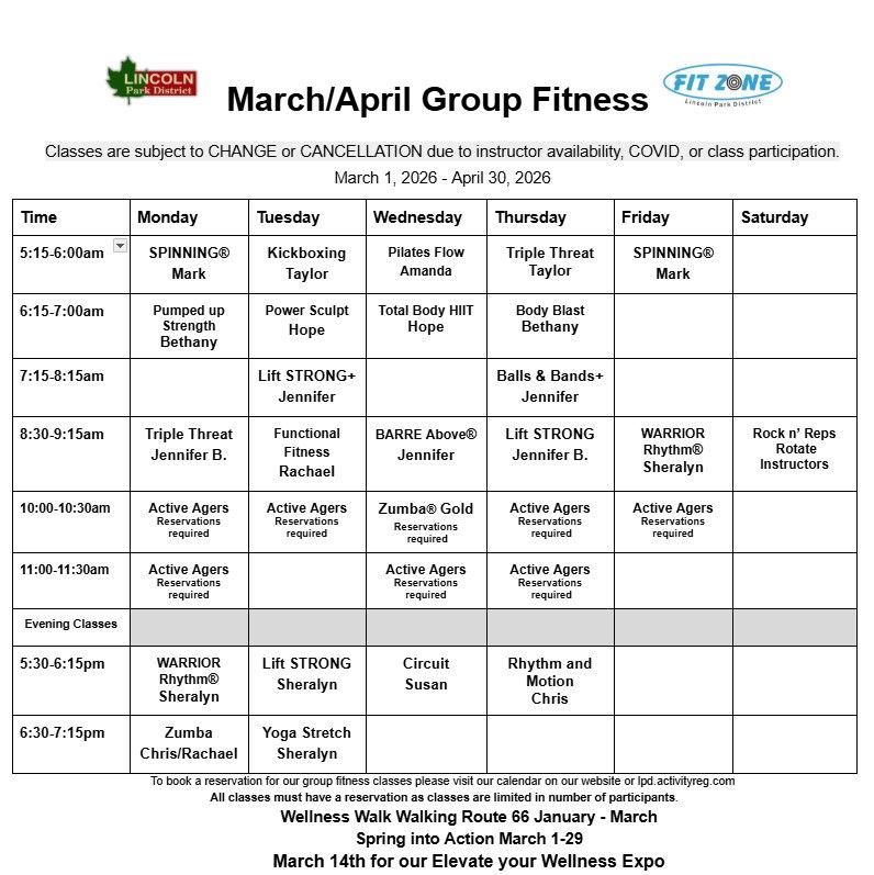 A weekly schedule for july group fitness is shown.