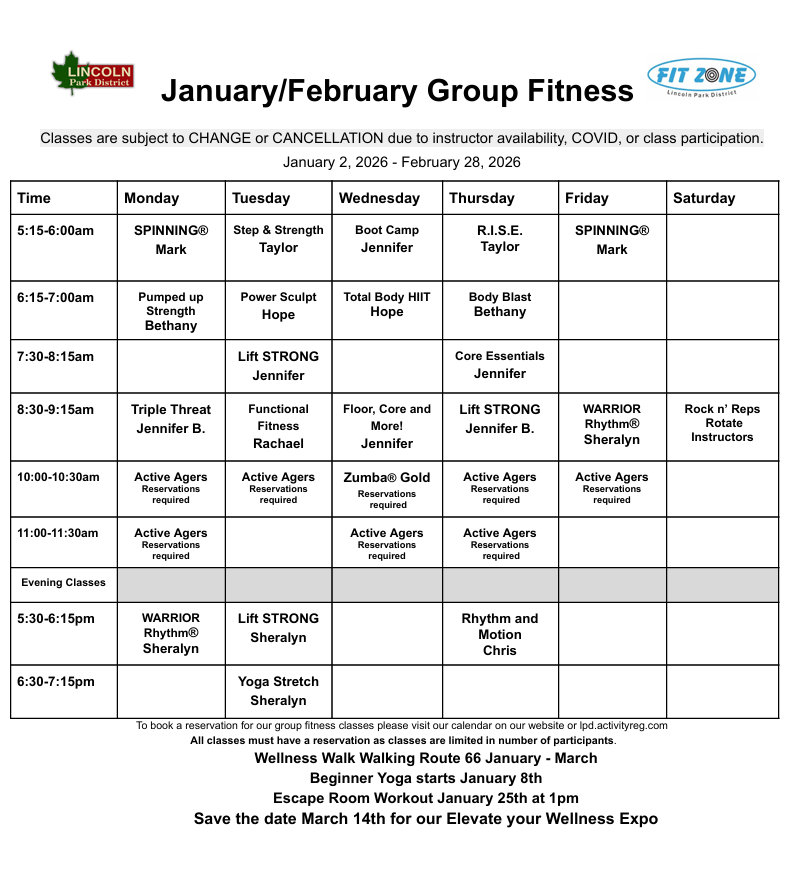 A weekly schedule for july group fitness is shown.
