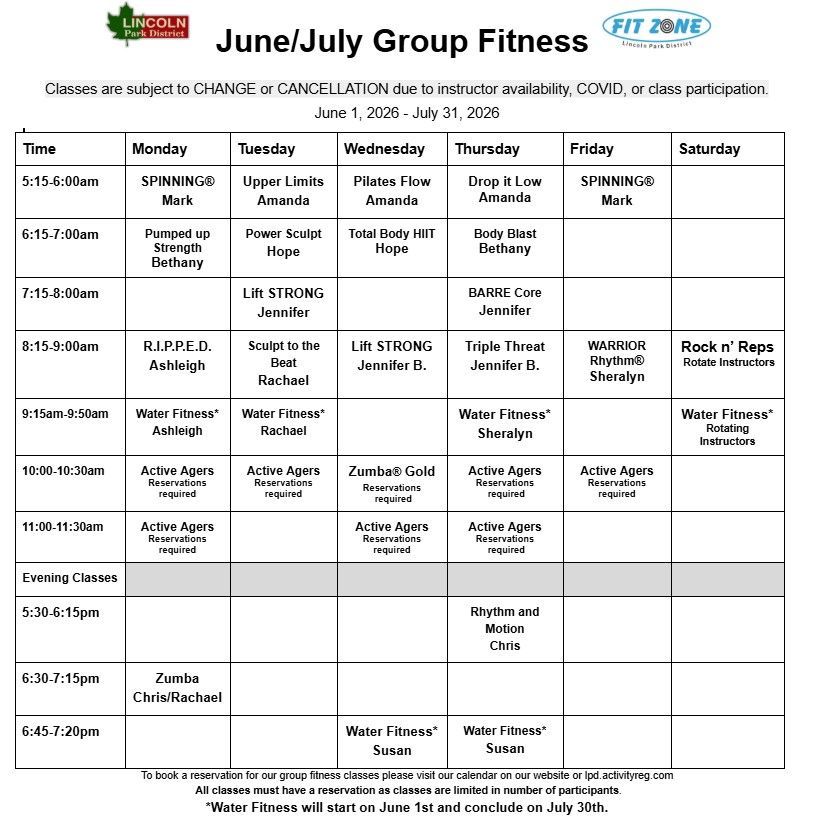 A weekly schedule for july group fitness is shown.
