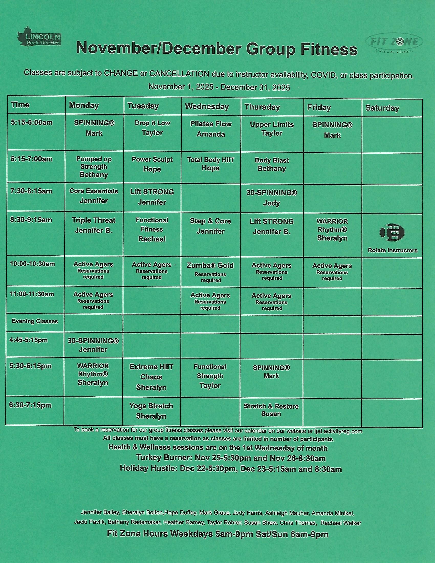 A weekly schedule for july group fitness is shown.