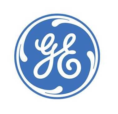 GE logo: white script "GE" inside a blue circle with white decorative swirls around the edge.