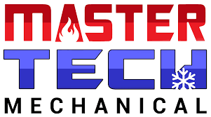 Master Tech Mechanical logo: Red “MASTER” above blue “TECH”, flame/snowflake icons, “MECHANICAL” at bottom.