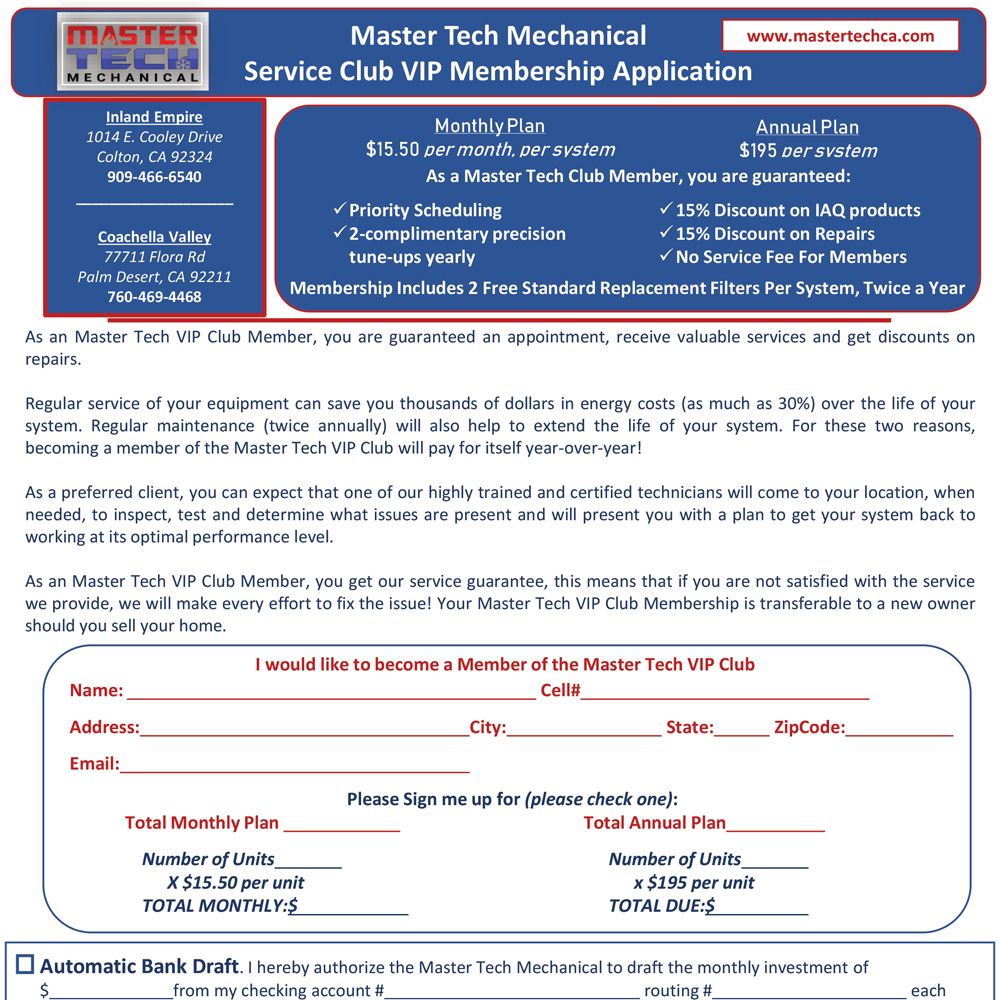Application for Master Tech Mechanical Service Club VIP Membership with pricing details.