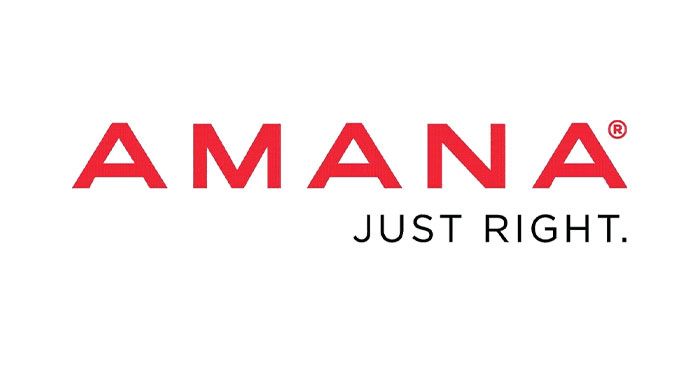 Amana logo: Red "AMANA" text over "JUST RIGHT" in black.