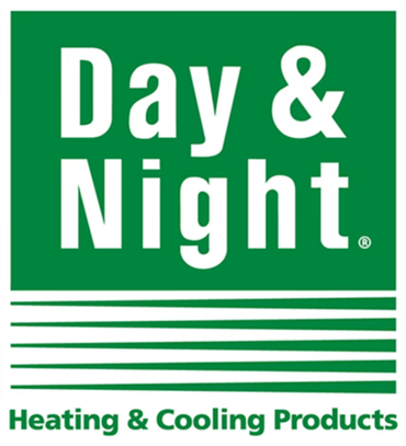 Day & Night Heating & Cooling Products logo: white text on a green square, with horizontal green lines below.