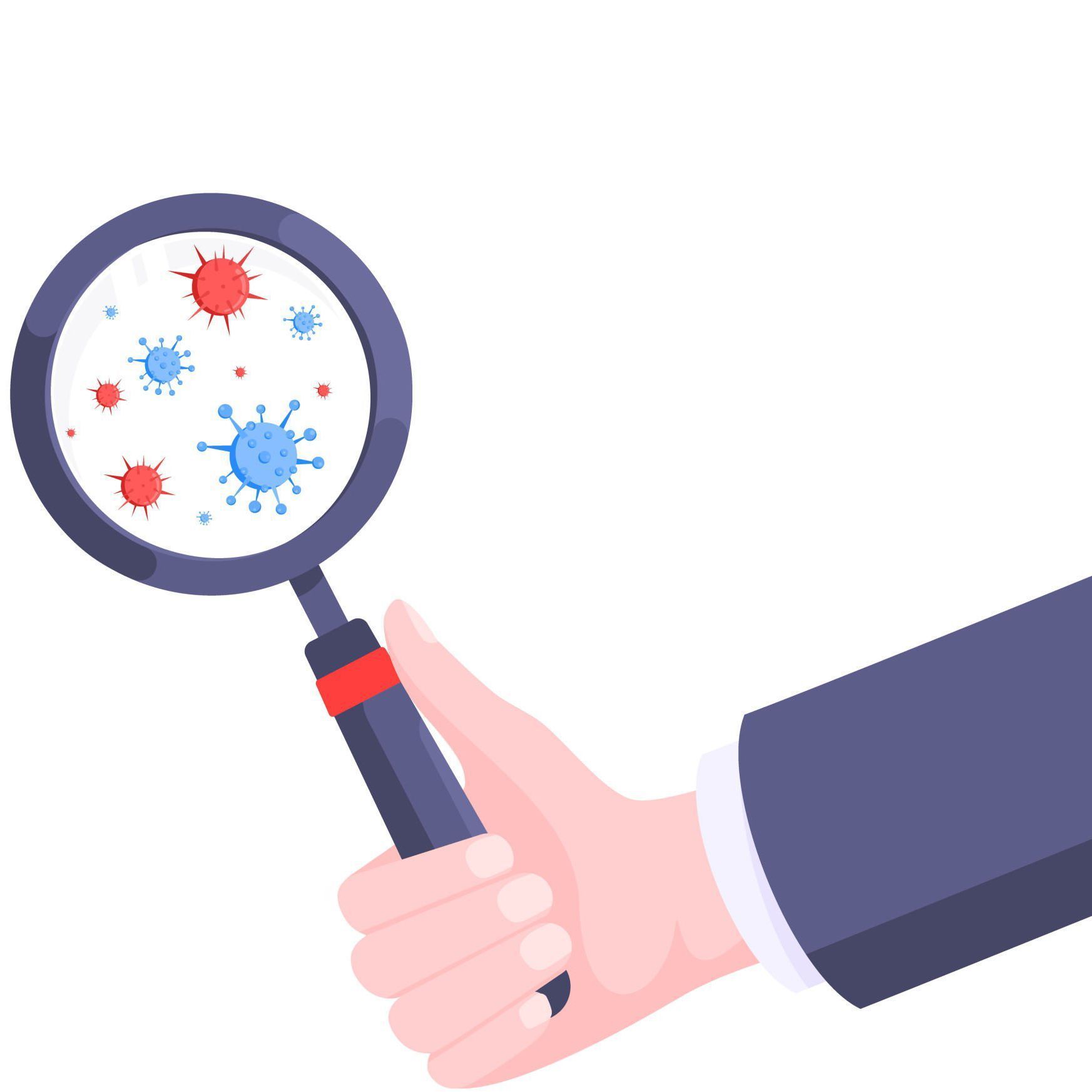 Hand holding magnifying glass, viewing viruses.