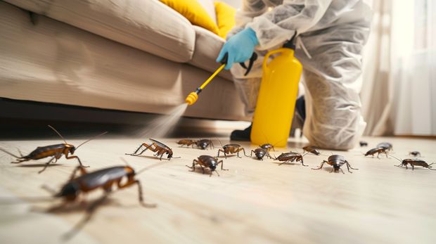 A person in protective gear sprays insecticide from a yellow canister onto a group of cockroaches on a floor near a sofa.