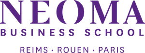 Logotipo morado de NEOMA Business School con las ubicaciones de sus campus en Reims, Rouen y París