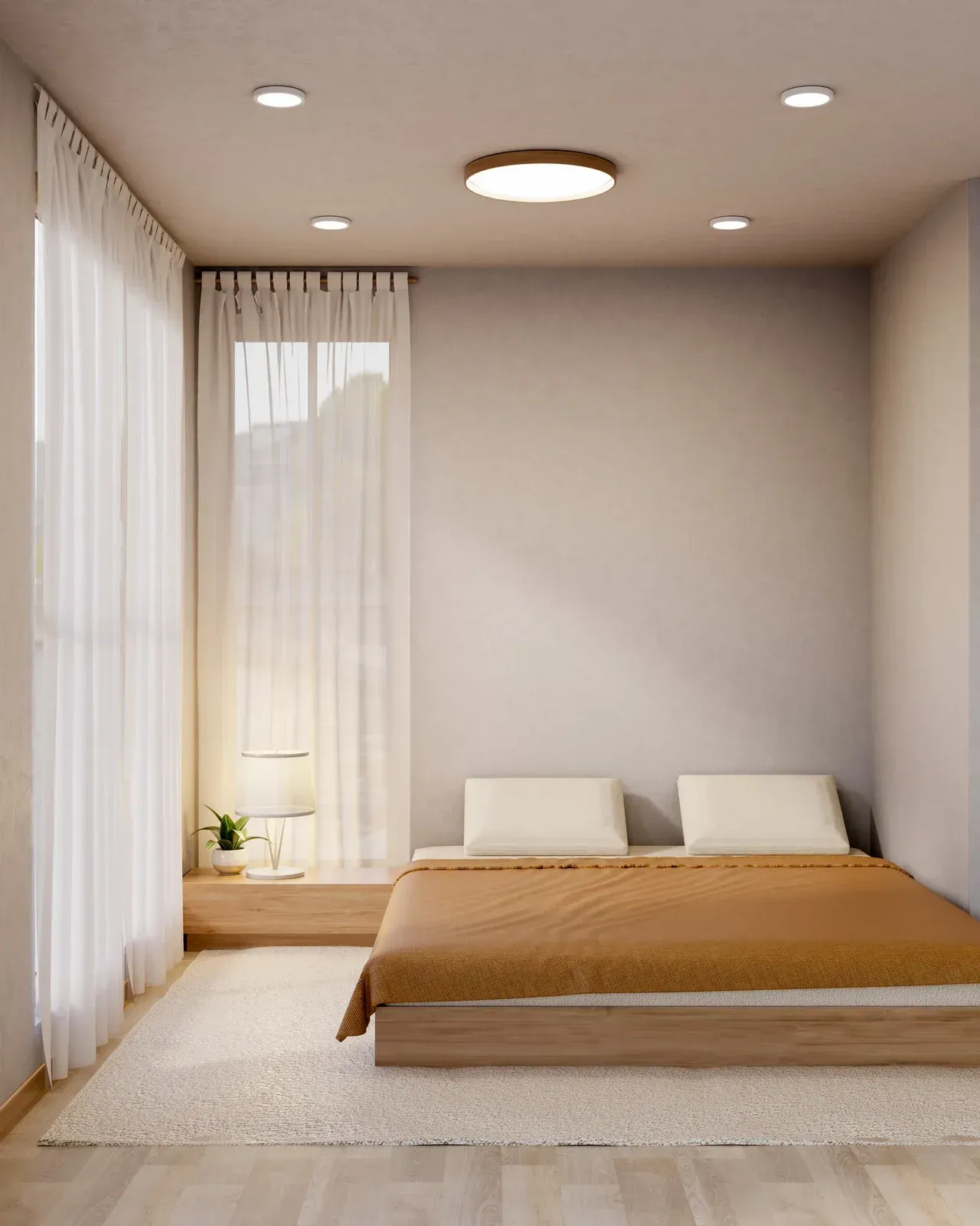 Bedroom with a wooden bed, mustard blanket, white pillows, sheer curtains, and recessed lighting.