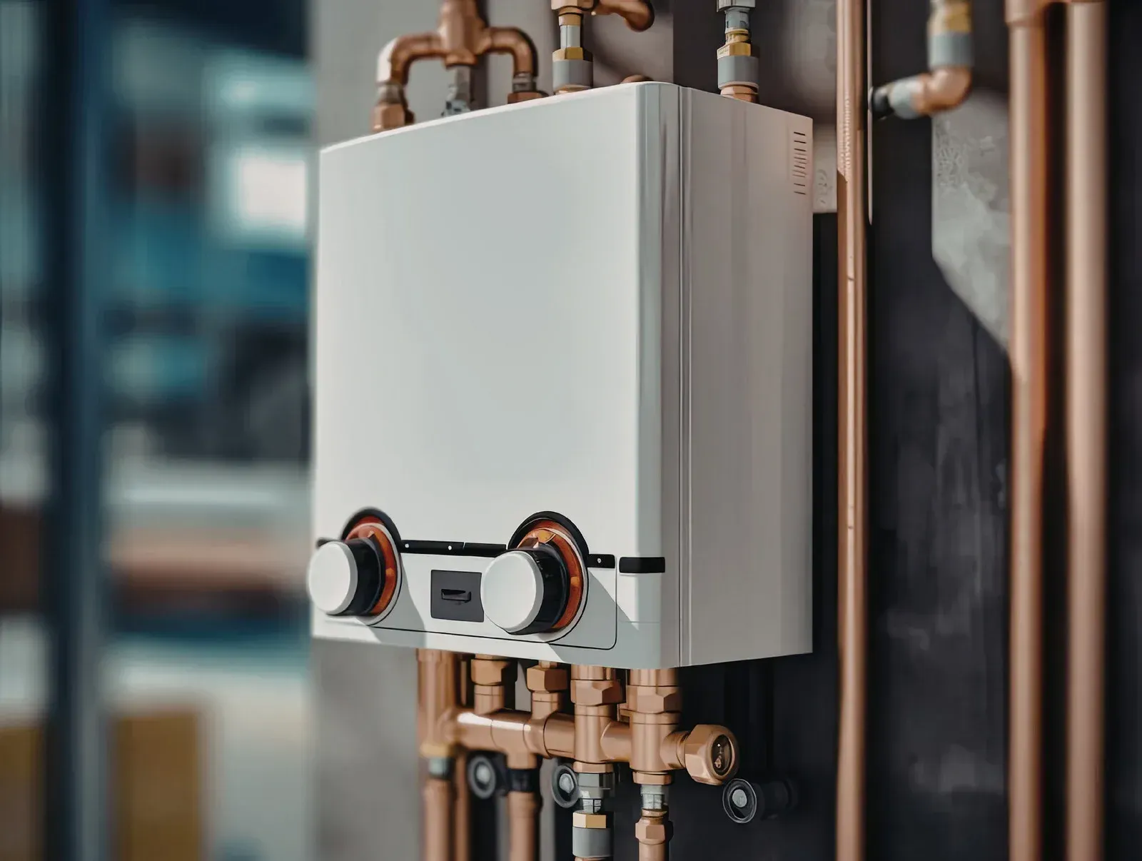 White tankless water heater with copper pipes on a gray wall.