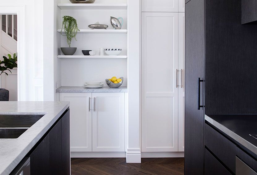 Modern Kitchen With White and Dark Cabinets, Shelves With Decor — Burmah Constructions In Kangaroo Valley, NSW