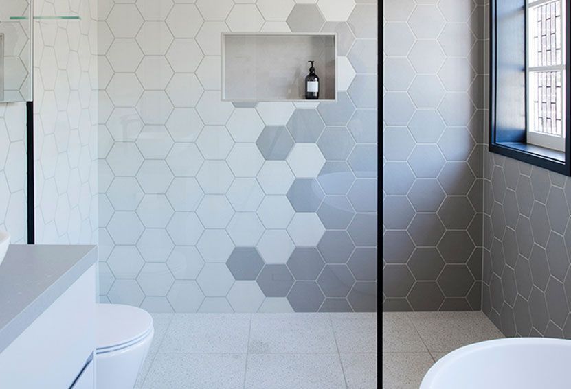 Modern Bathroom With Gray and White Hexagonal Tile — Burmah Constructions In Kangaroo Valley, NSW