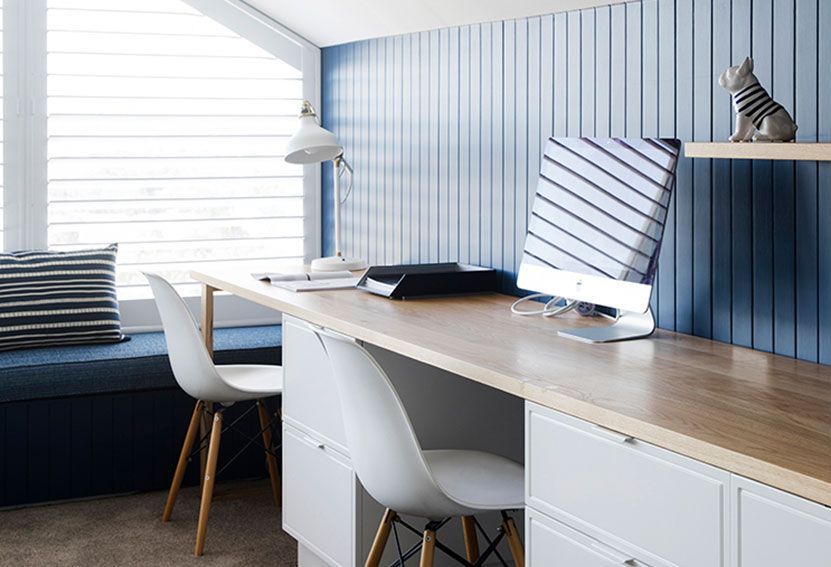 Modern Home Office With Blue Wall, Desk, Computer, and White Chairs — Burmah Constructions In Kangaroo Valley, NSW