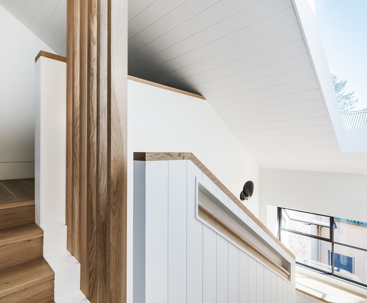 Wooden Staircase With White Banister — Burmah Constructions In Kangaroo Valley, NSW