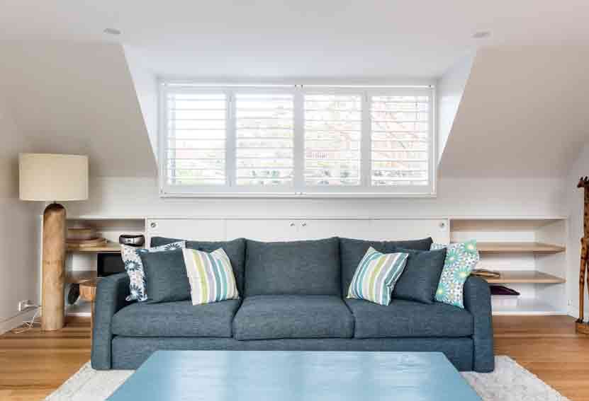 Living Room With Blue Sofa, White Shutters, Built-in Shelves — Burmah Constructions In Kangaroo Valley, NSW