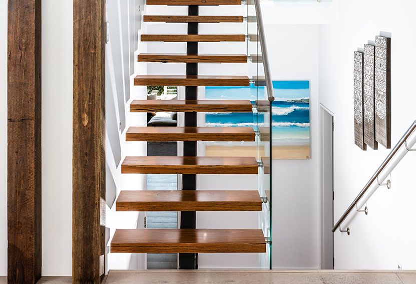 Floating Wooden Staircase With Glass Railing, Modern Interior — Burmah Constructions In Kangaroo Valley, NSW