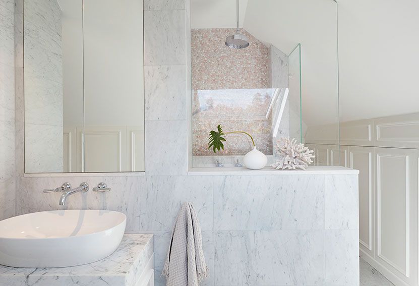 Marble Bathroom With a Sink, Shower, and Decorative Objects — Burmah Constructions In Kangaroo Valley, NSW