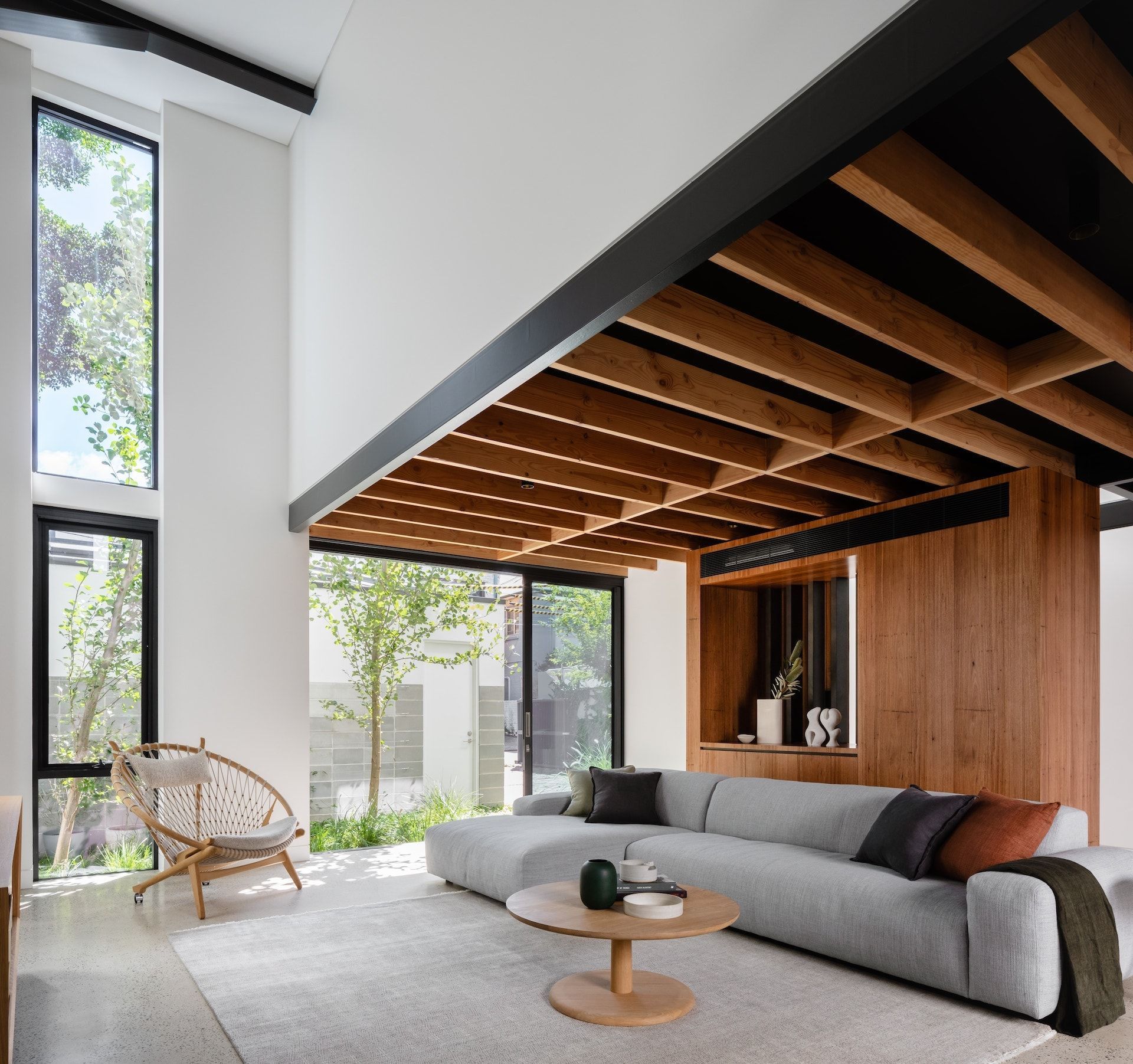 Modern Living Room With High Ceilings, Wood Beams — Burmah Constructions In Kangaroo Valley, NSW