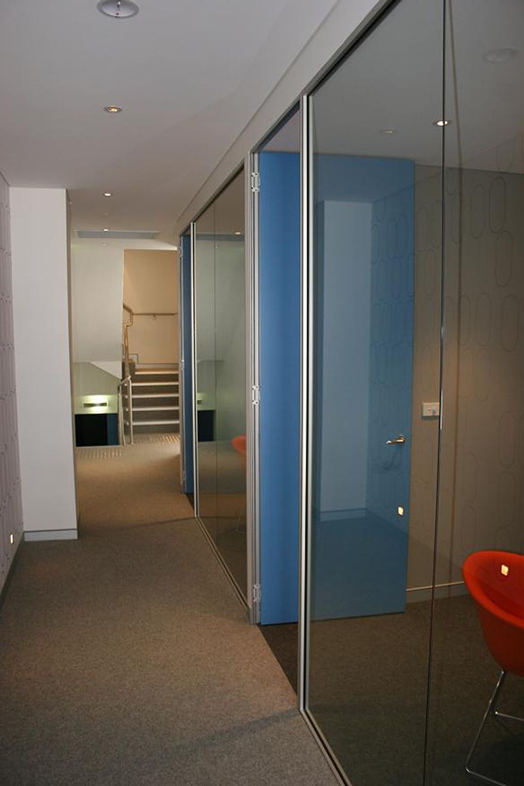 Hallway With Glass-walled Offices; Blue, Gray, and White Walls — Burmah Constructions In Kangaroo Valley, NSW