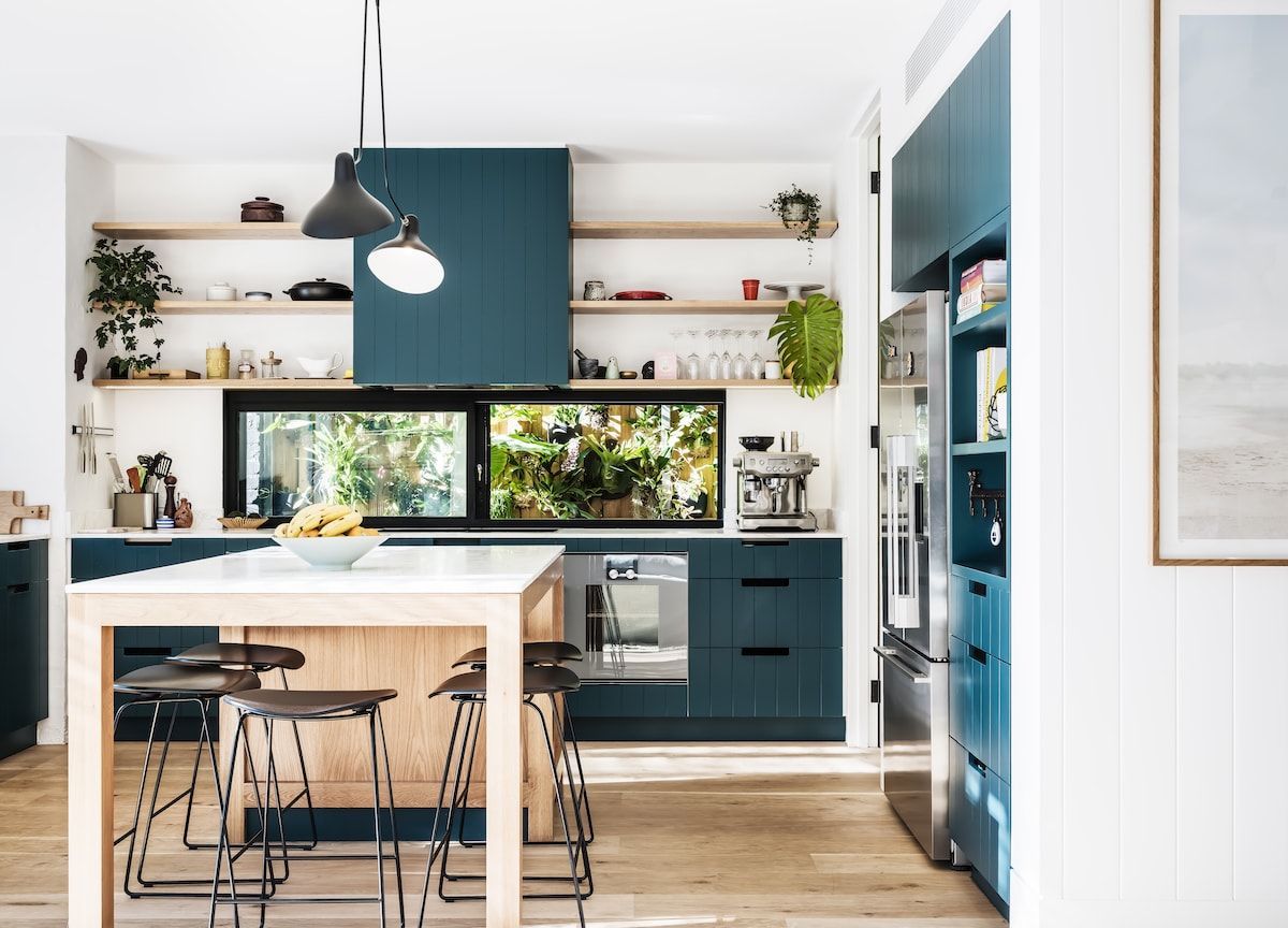 Modern Kitchen With Teal Cabinets, Wooden Island — Burmah Constructions In Kangaroo Valley, NSW